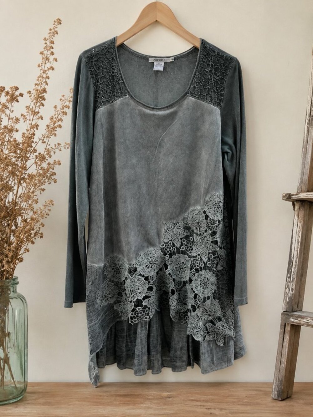 Feratelli Boho Floral Crochet Green Tunic Long Top Womens Size Large Festival